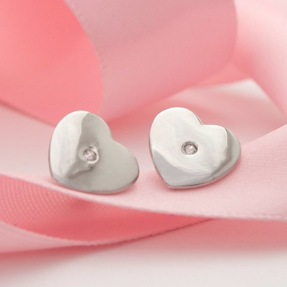 Adorable Real Sterling Silver Heart Earrings w Sparkling CZ Stones Stamped 925 - Picture 1 of 2